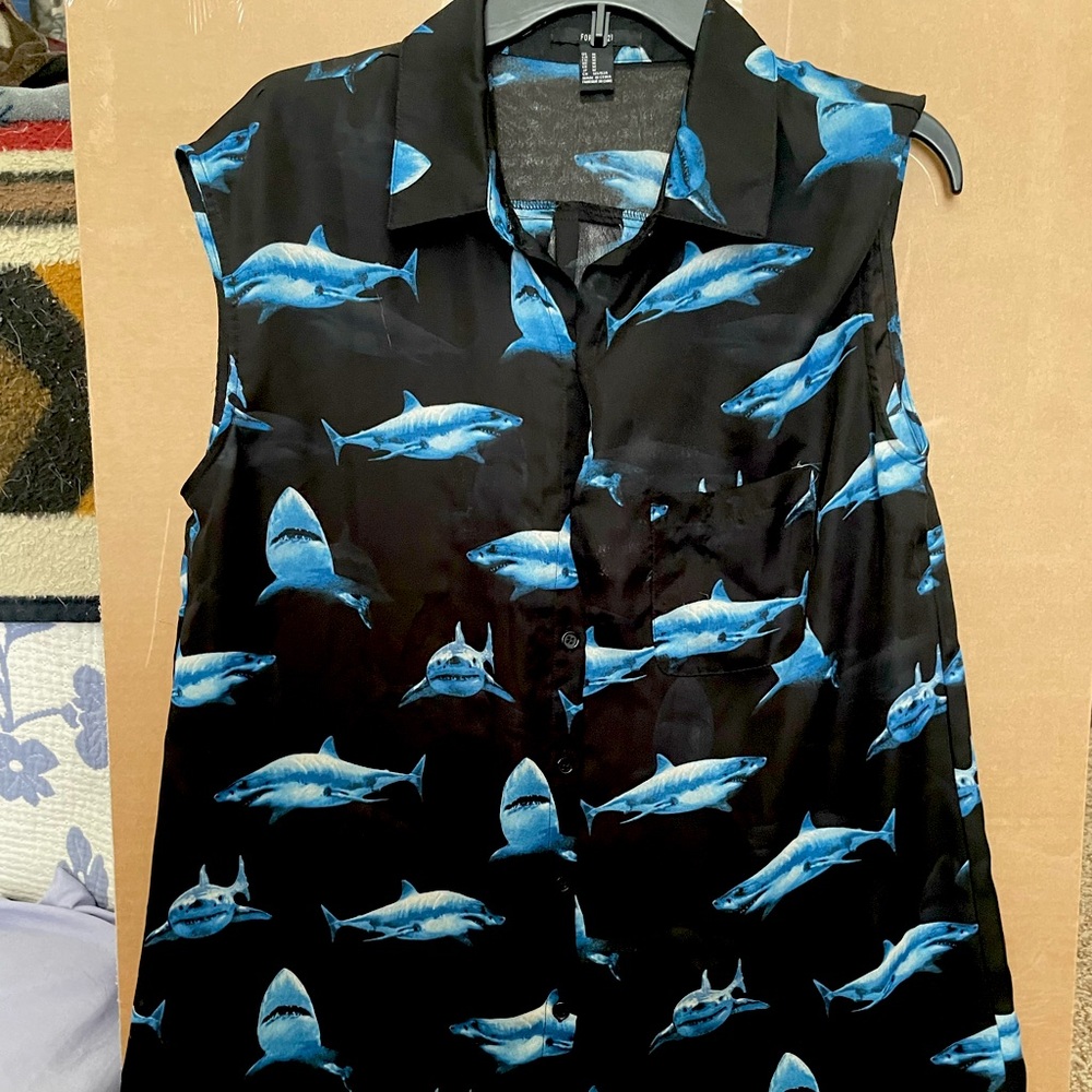 Forever21 shark print button up tank.